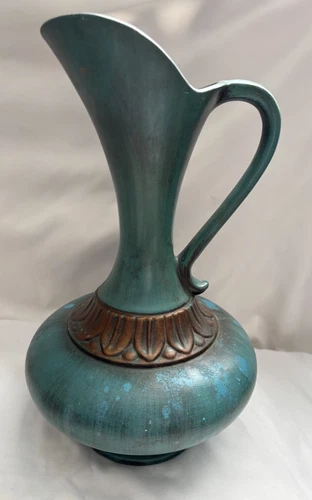 Vintage ROYAL HAEGER Drip Glaze Turquoise Textured Pitcher Vase 13" 4012