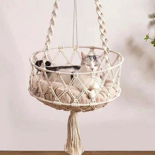 Hammock Cat Bed Swing Cat House String Bag Hand Woven Hanging Basket Pet Nest UK - Picture 9 of 24