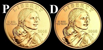 2008 P & D Sacagawea Native American Dollar US Mint Coins ''BU'' (2 Coin Set)