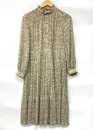Tokyo Style Floral Pleated Dress Size 11 Vintage High Neck Long Sleeve
