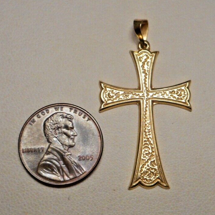 14K Yellow Gold Embossed Cross Pendant w Flared E… - image 1