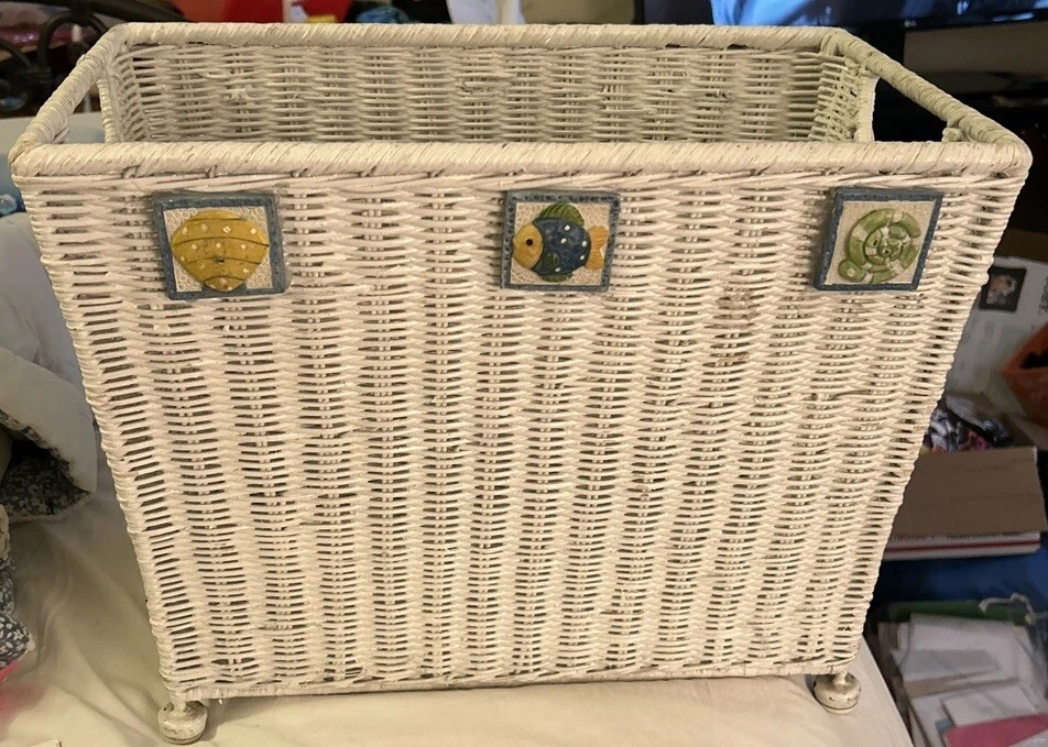Vintage White Wicker Magazine Rack With Tag Coastal Theme 16x12x9.5 “ 3 Tiles - Image 1 of 4