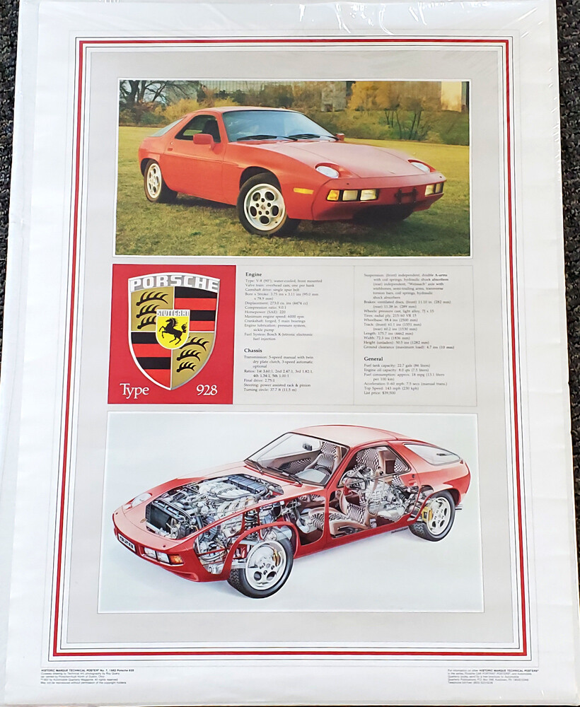 PORSCHE 928 (1982) Technical Marque Automotive 19x25 Vintage
