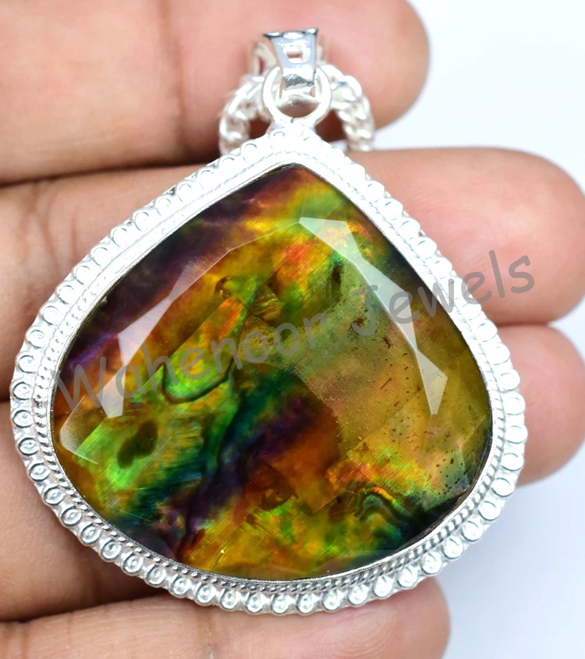 28Gm Naturale Ammolite Gemma 925 Ciondolo Argento Sterling Con Catena - Immagine 4 di 4