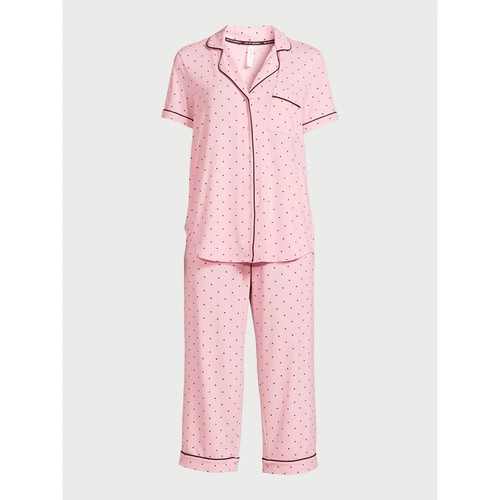 Joyspun Women's Polka Dot Notch Collar Knit Top & Capri Pajama Set Sizes 2X & 3X