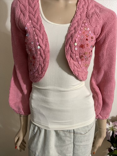 Women’s Pink Acrylic Casual Knitted Beaded Long Sleeves Size M/L Short Jacket
