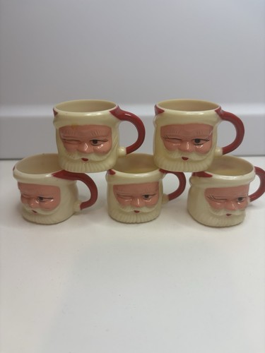 Vintage Lot 5 WINKING SANTA CLAUS Cups Mugs Mini Plastic Mid-Century 1.5”