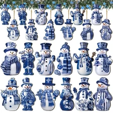 Barydat 36 Pcs Blue and White Christmas Porcelain Snowman Ornaments for Tree ...