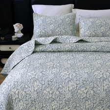 Quilt Set California King Size 3Pcs,Bluish Grey Printed with Beige Leaves Patter