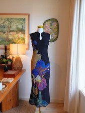 Oriental Floral Maxi Dress Black Elegant Bodycon Keyhole Neck AU S–M