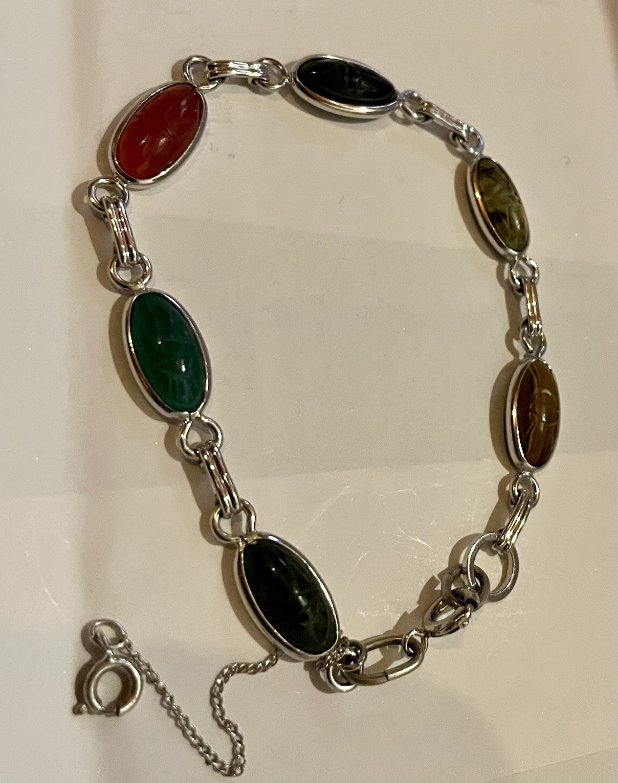 Vintage 925 Sterling Silver Multi Color Gemstone Scarab Link Bracelet
