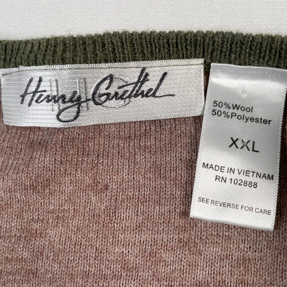 Henry Grethel XXL V-Neck Sweater Wool Blend Olive Green and Tan Accents - Image 2 of 4