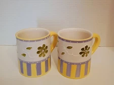 Houston Harvest Ceramic Coffee Cup Green Flowers with Blue Yellow Stripes Set 2