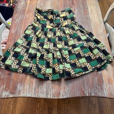 Vintage A-Line Skirt OS Green Black Geometric Tribal Patchwork Boho Festival