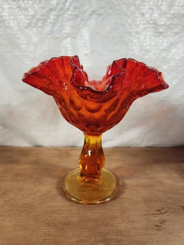 Fenton Rose Colonial Orange Amberina Compote Candy Bowl Crimped #9223 GLOWS 6”