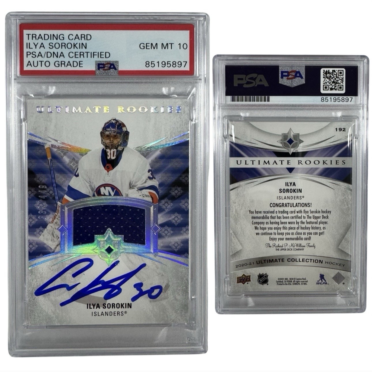 2021 Ilya Sorokin AutographedUpper Deck Ultimate Rookies PSA COA Patch /449 AUTO