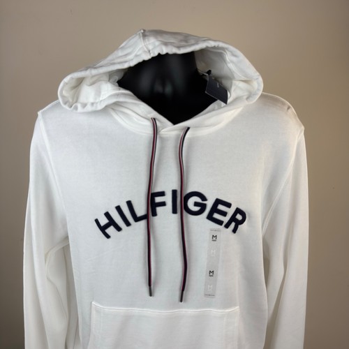 Tommy Hilfiger Mens White Logo Hoodie Sweatshirt Embroidered Logo Medium New