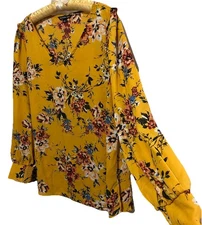 Zac & Rachel Top 1X Silky Golden Floral Fairycore Coquette Feminine Shirt Blouse