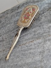 Vintage Silver Tone Vanity Hair Brush Floral Needlepoint Dresser Brush 10