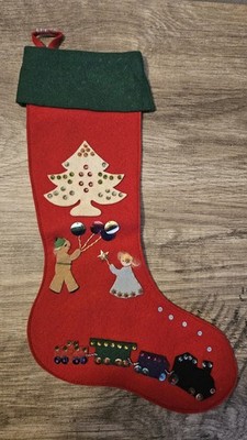 vtg CHRISTMAS STOCKING sequins TREE TRAIN ANGEL BOY BALOONS 17'' long