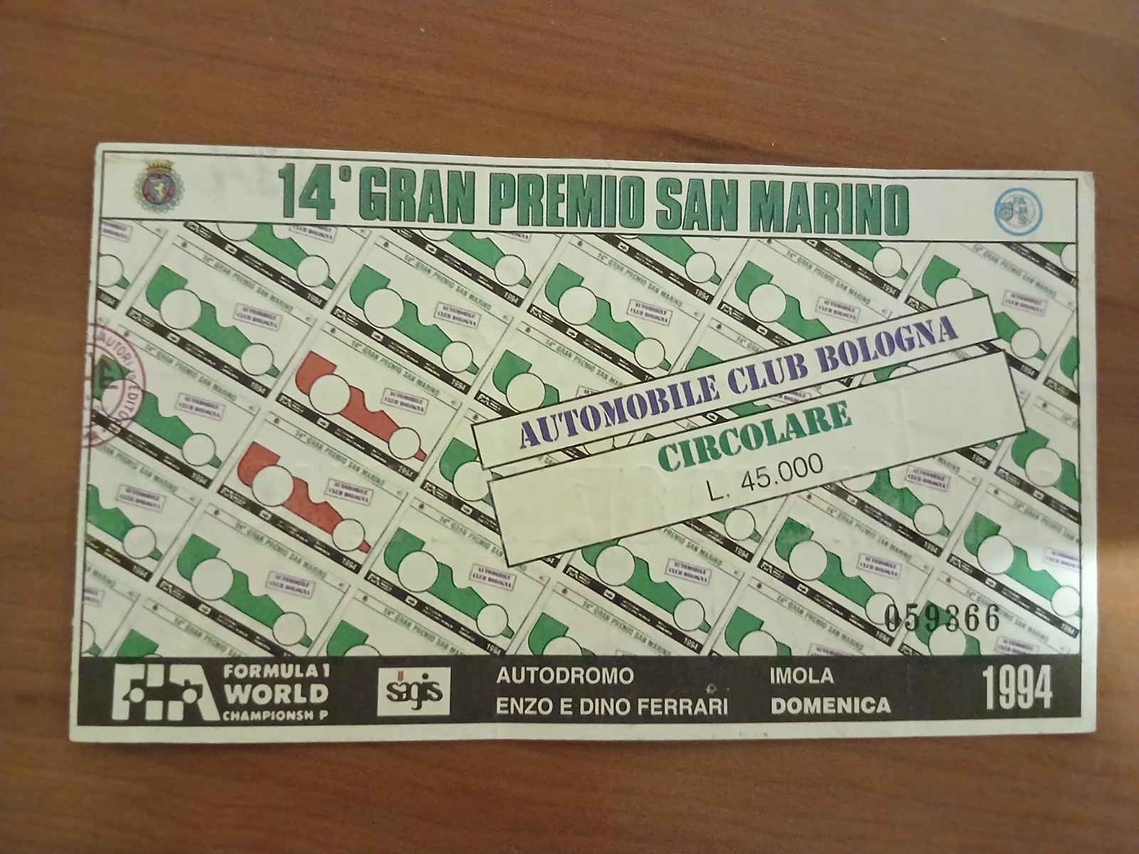 SENNA Biglietto Originale GP Imola 1994 Formula 1 San Marino Morte Ayrton Senna