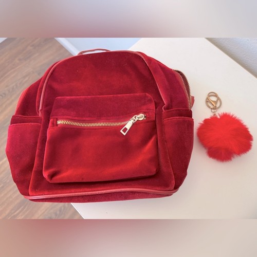 Red Velvet Multi Compartment Mini Backpack w/ Matching Pom Pom - Picture 2 of 10