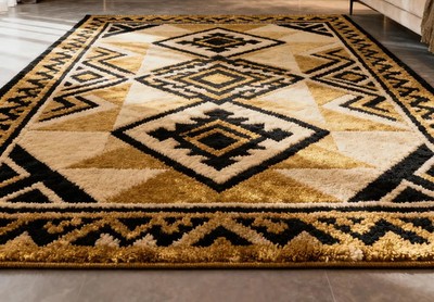 Geometrischer Gold & Schwarz Moderner Teppich | Neuseeland Wolle Handgetuftet...