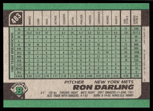1991 Bowman Ron Darling New York Mets #483 - Picture 2 of 2