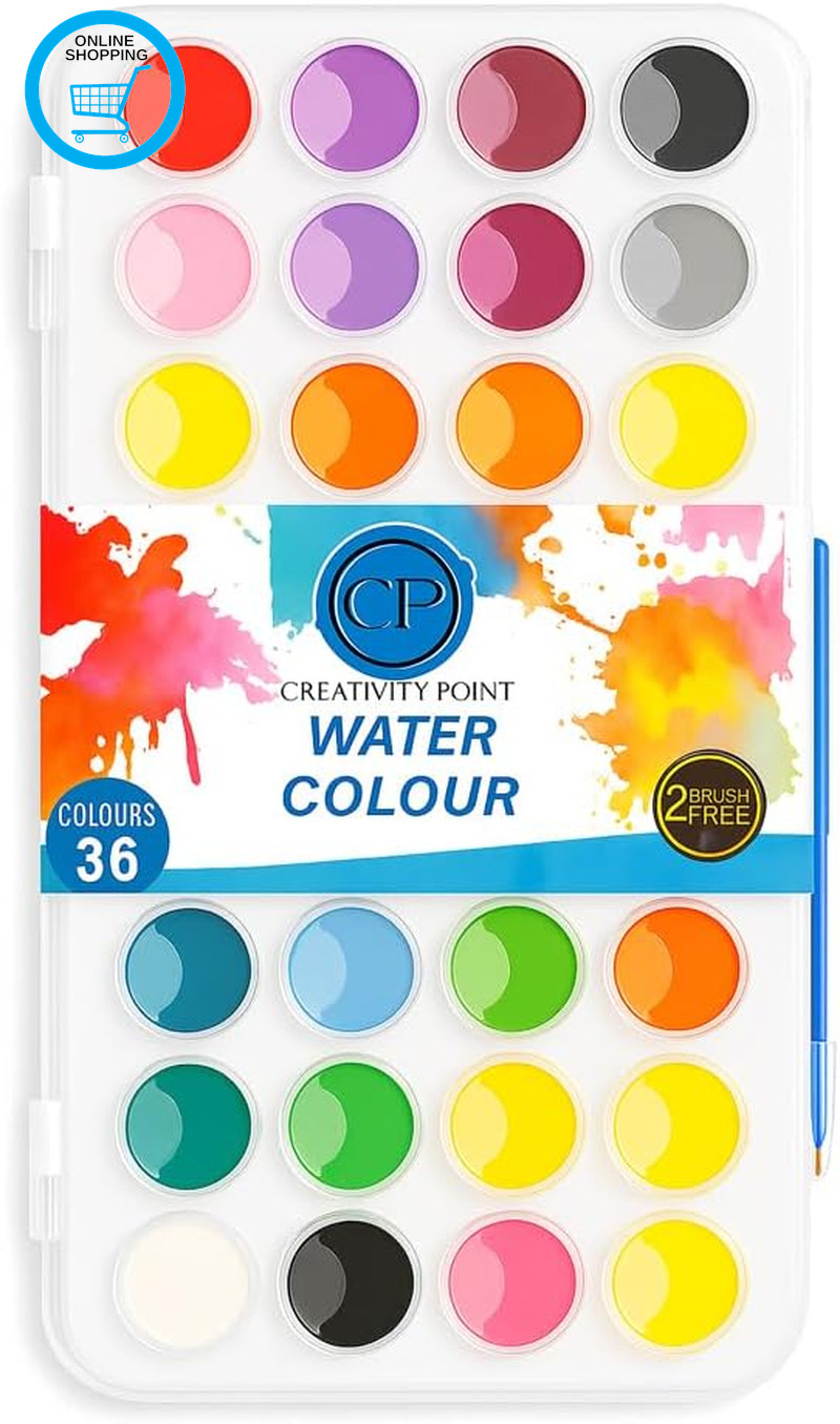 Watercolour Paint Set, 36 Colours with 2 Paint Brushes & with the Mixing Palette