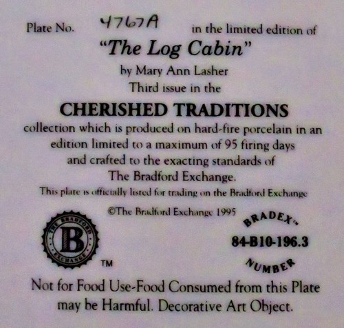 Plato de coleccionista "The Log Cabin" Cherished Traditions - Mary Ann Lasher certificado de autenticidad usado en excelente estado - Imagen 4 de 5
