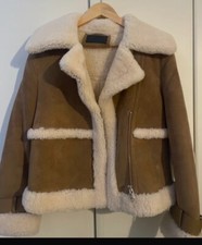 All Saints Ladies Farley Sheepskin Shearling Leather Biker Jacket Small Size