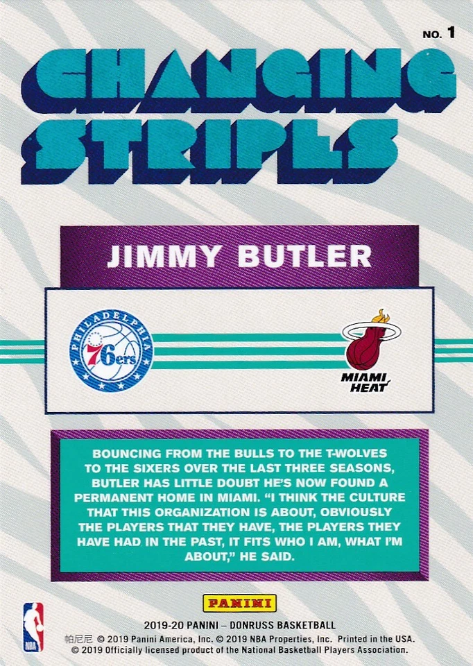 2019-20 DONRUSS CHANGING STRIPES INSERTS JIMMY BUTLER MIAMI HEAT  - B4693 - Image 2 of 2