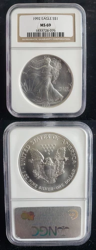 1992 American Silver Eagle 1 Oz Graded NGC MS69 Brown Label 24376