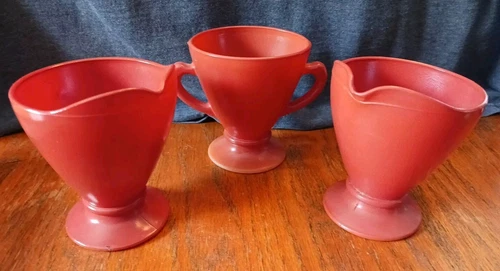 Vintage Hazel Atlas Milk Glass Ovide Coral Pink Sugar Bowl &  2 Creamers