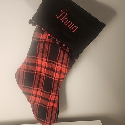 ''Dania'' Embroidered Christmas Stocking Red/Black plaid