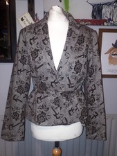 Designer Ben Sherman Floral Flock Black Fitted Wool Belted Blazer Jacket Uk 10