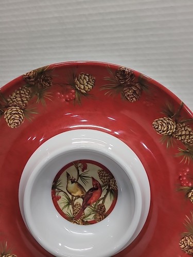 Chip & Dip Veggie Tray Fall Motif Birds Pinecones Plastic 13" Diameter - Picture 3 of 10