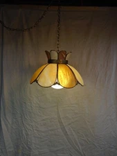Vintage MCM SWAG CHAIN LAMP - GOLD/IVORY TIFFANY STYLE LEADED GLASS