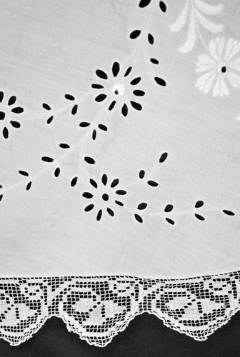 Antique Round Linen Tablecloth, Whitework Embroidery, Filet Inserts, 72" Rnd - Picture 15 of 15