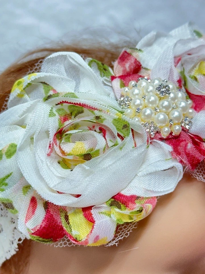 Headband, Lg Flowers, Floral, Pearls/Rhinestones, Lace, Pink/Cream, 14" HP012 - Image 4 of 4