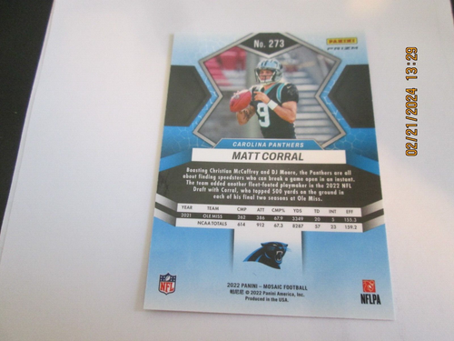 MATT CORRAL PANTHERS 2022 PANINI MOSAIC PINK CAMO PRIZM ROOKIE CARD #273 - Foto 2 di 2