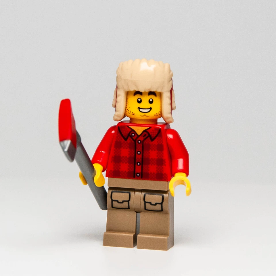 Lego Leñador Minifigura Escena - Camisa de Franela a Cuadros, Hacha, Troncos de Madera, Ushanka Foto 3 de 4
