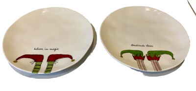 Vintage Magenta Elf Feet ''Christmas Cheer'' Dessert Plates Set Of Two 6''X6''