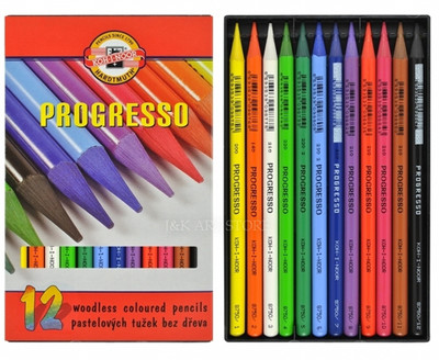 KOH-I-NOOR Progresso Woodless Coloured Pencils - Set of 12 Solid Sticks
