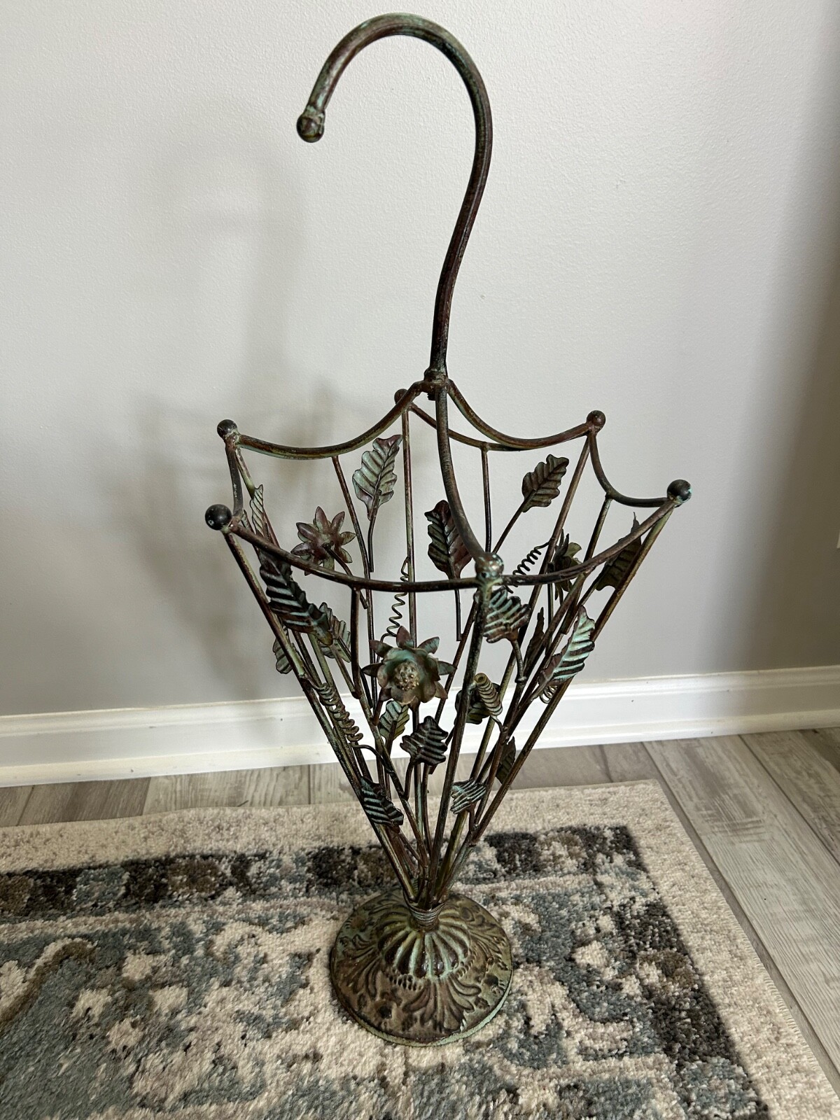 Vintage Wrought Iron Floral & Leaf Green Patina Umbrella Stand app 28” x 12”