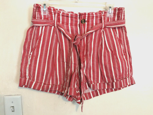 American Eagle Womens Shorts 6 Linen Red White Striped Paperbag Pockets Casual
