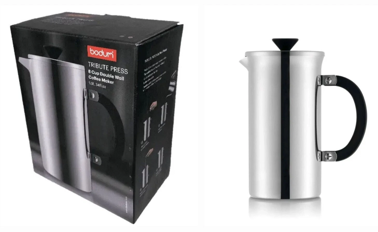 Bodum Tribute Press 34Oz/1.0L/6Cups Double Wall French Press, Stainless Steel 🆕