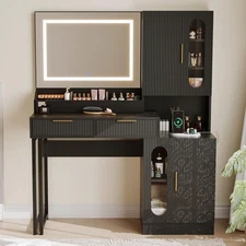 Vanity Desk with Lighted Mirror,Fluted Makeup Table w/ Drawers,Cabinet&Charging