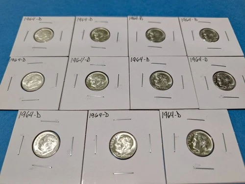 Roosevelt Dimes, Lot of 11 ($1.10 Face), ALL 1964-D, 90% Silver Dimes UNC