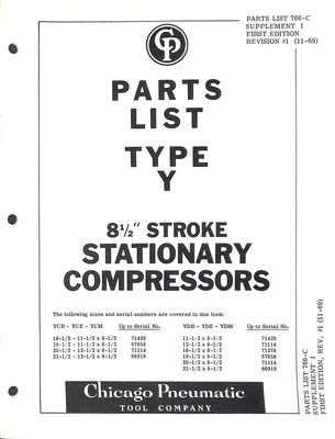 Chicago Pneumatic Parts List Type Y for 8.5 Stroke Stationary Compressors 1969